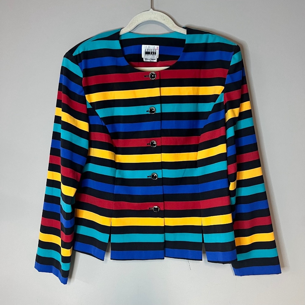 Vintage Rainbow Primary Colors Striped Jacket 80s 90s